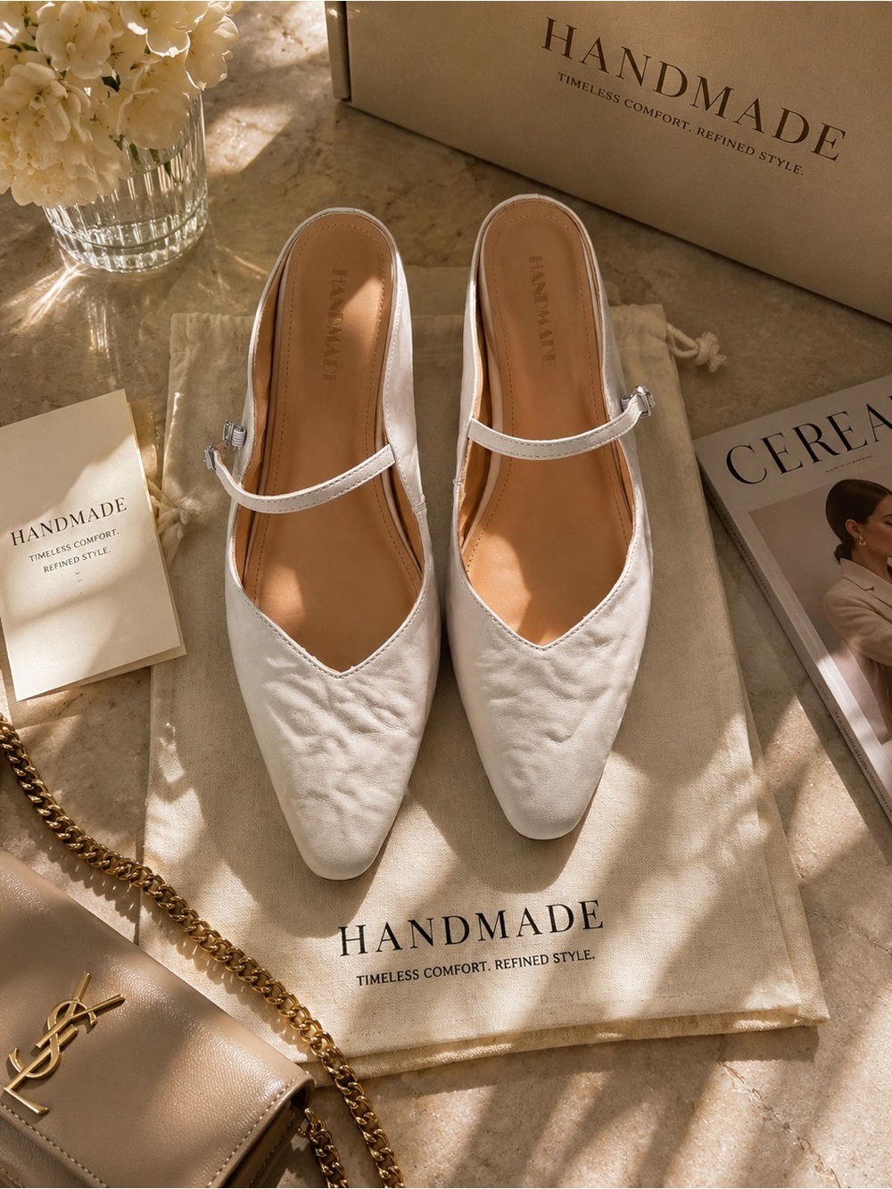 Handmade Women’s White Mary Jane Flats with Strap